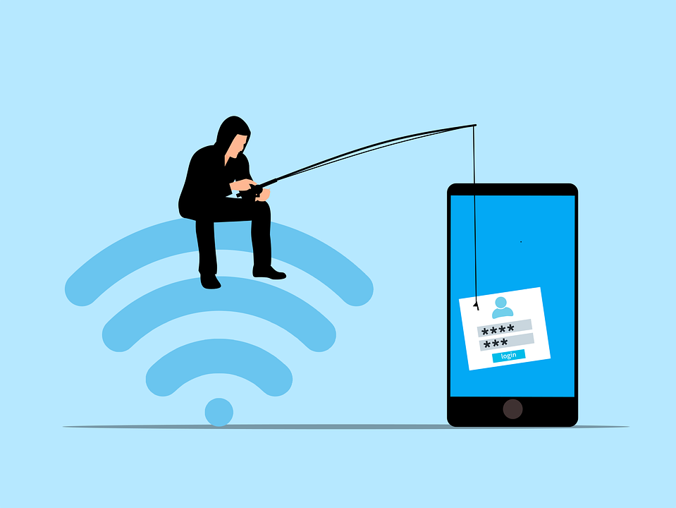 Person fishing for login information on a phone while sitting on a Wi-Fi symbol, representing phishing attacks.