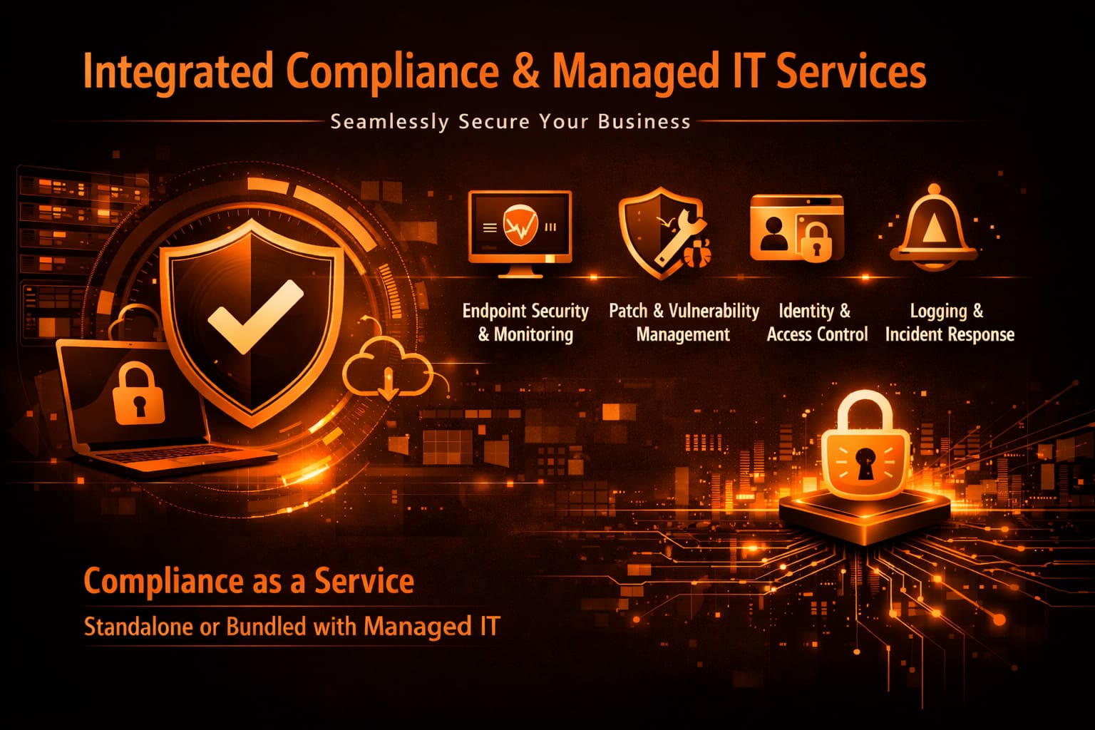 Integrated compliance and managed IT services illustration featuring endpoint security, patch management, identity access control, and incident response in orange on a dark background.
