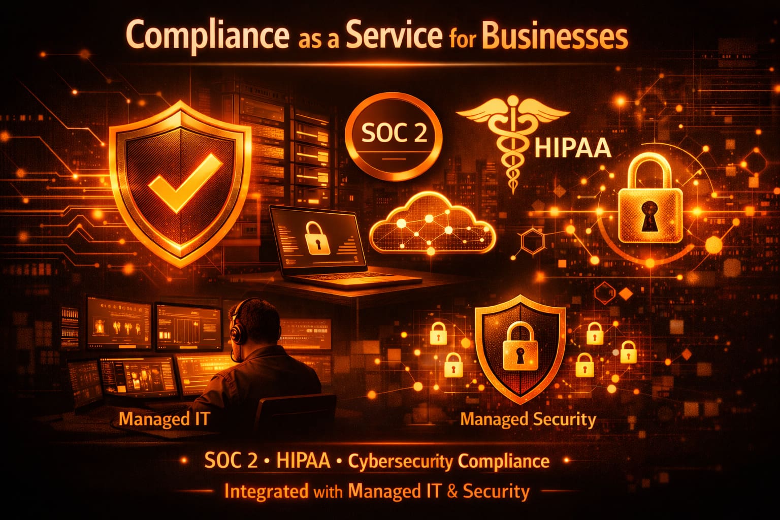 Compliance as a Service visualization showing SOC 2 and HIPAA compliance integrated with managed IT and cybersecurity, using orange security icons on a dark background