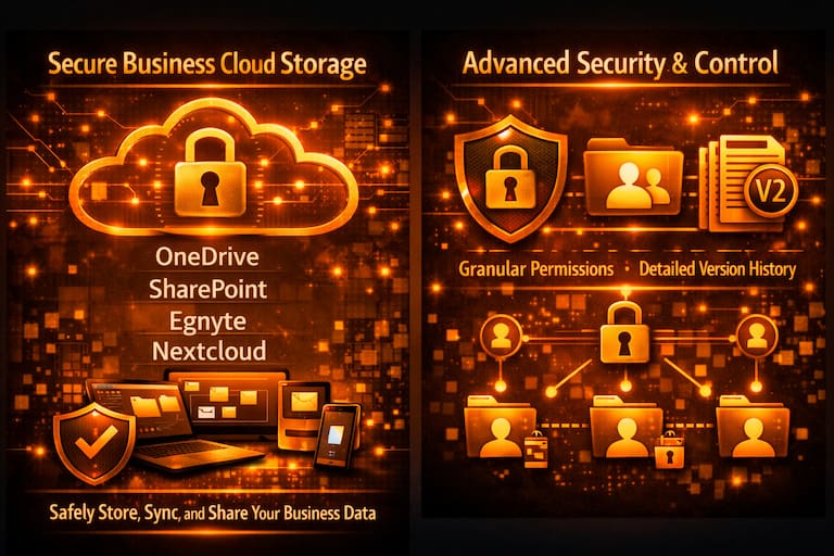 Illustration of business cloud storage showing OneDrive, SharePoint, Egnyte, and Nextcloud with secure file access, granular permissions, and version history.