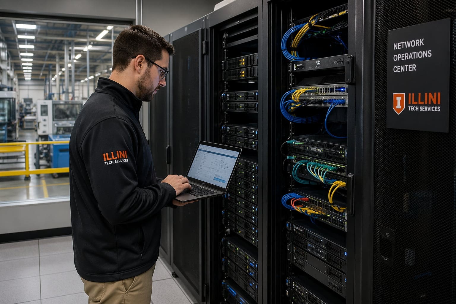 IT technician managing manufacturing network and servers in Illinois facility