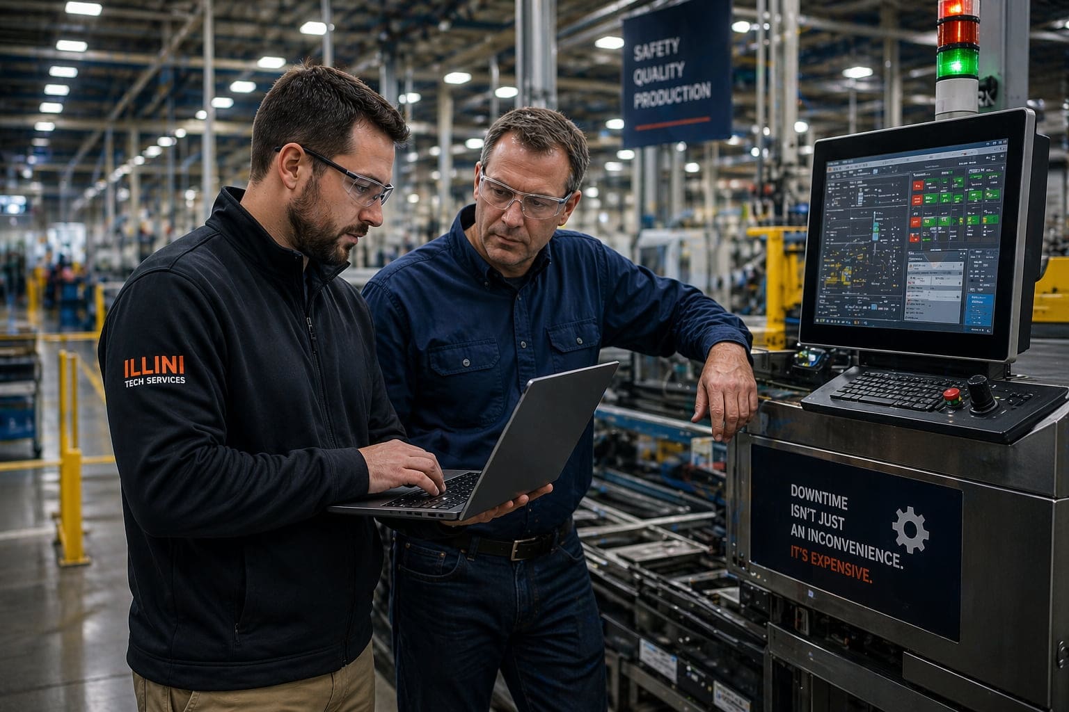 IT technician helping manufacturing team reduce downtime on production floor