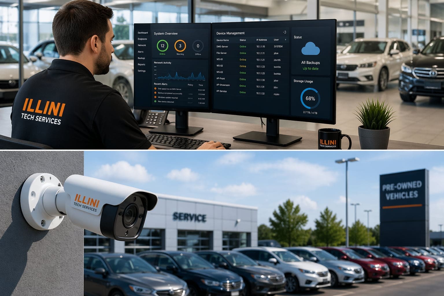 Dealership IT monitoring systems with security camera and network infrastructure on car lot