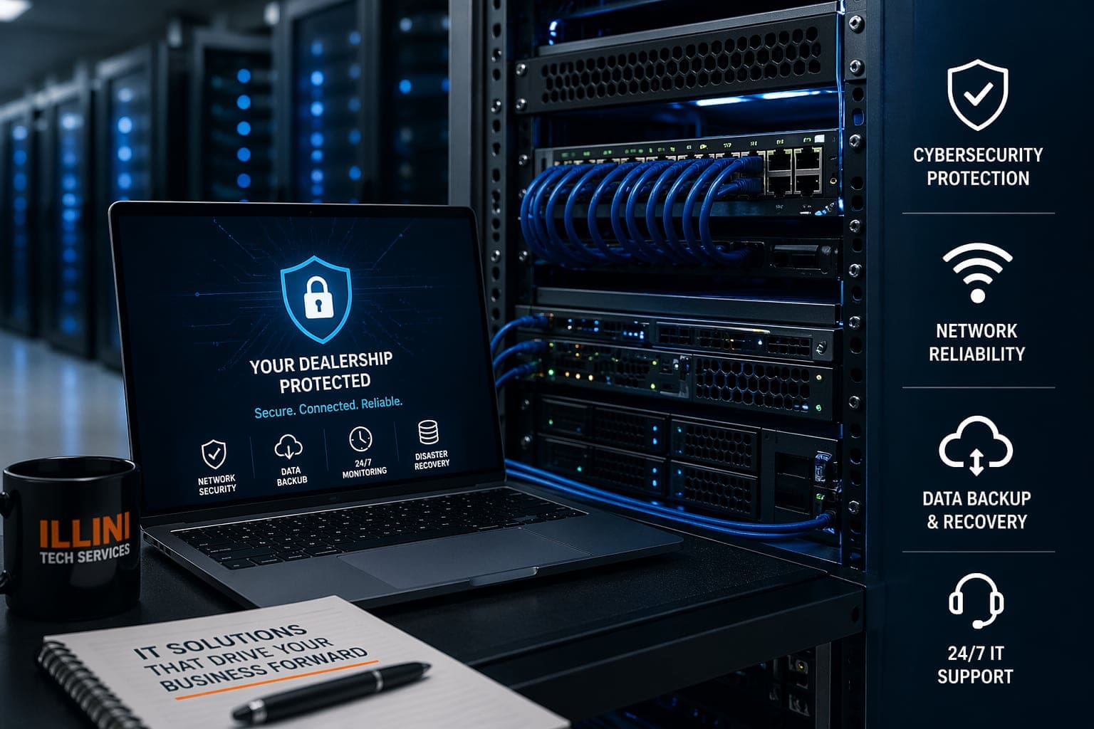 IT infrastructure for car dealerships with server rack, network equipment, and data protection systems