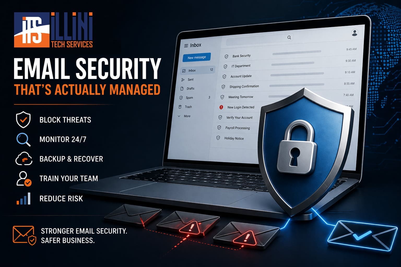 Email security dashboard with laptop, shield icon, and threat detection alerts for business email protection
