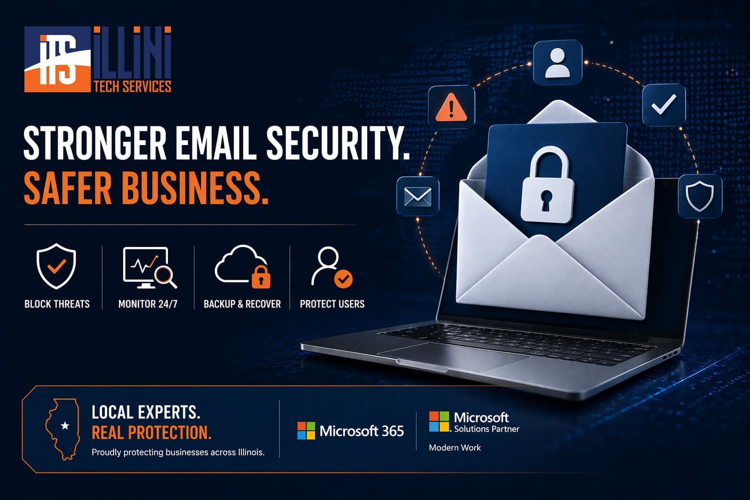 Business email security concept with secure envelope, monitoring icons, and managed protection services