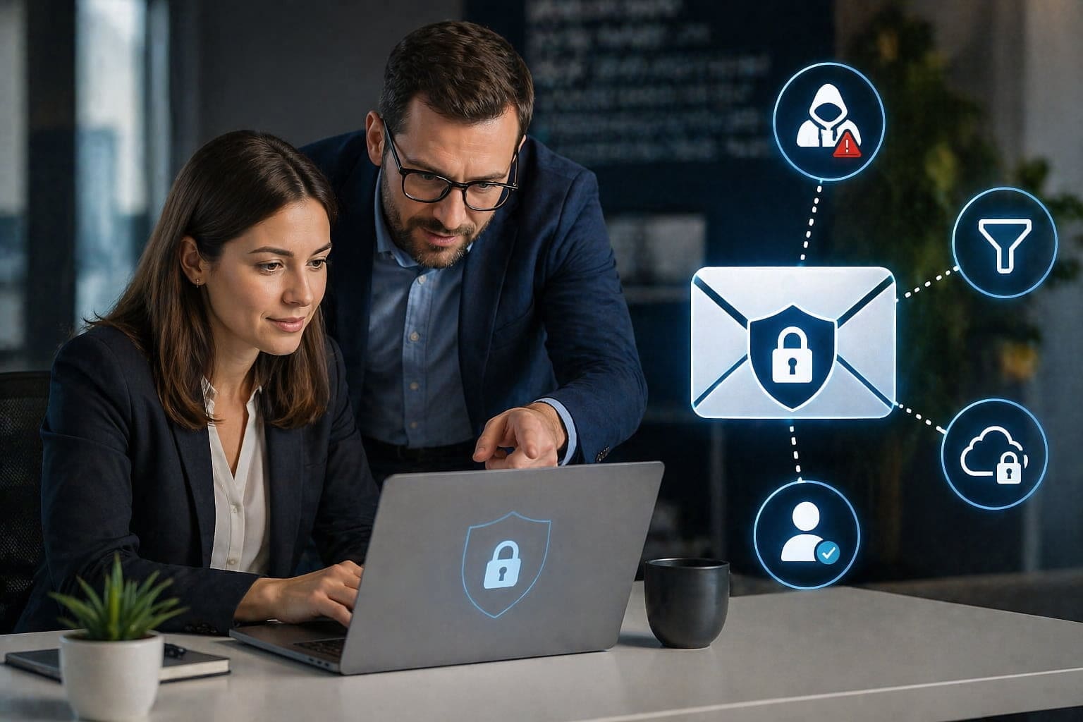 Business professionals reviewing email security on laptop with cybersecurity icons and secure email protection visuals