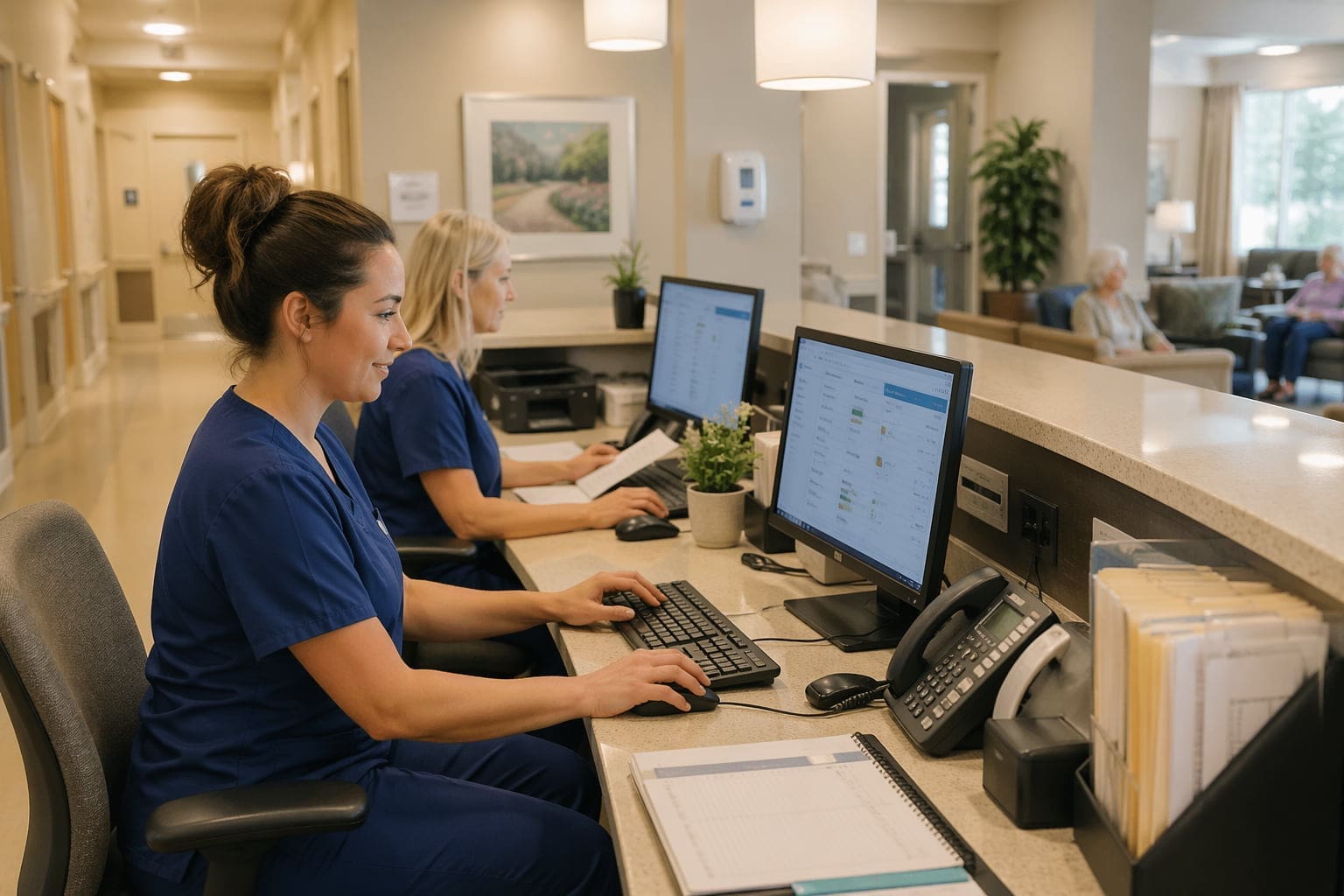Senior living staff using computers at nursing station with secure IT systems