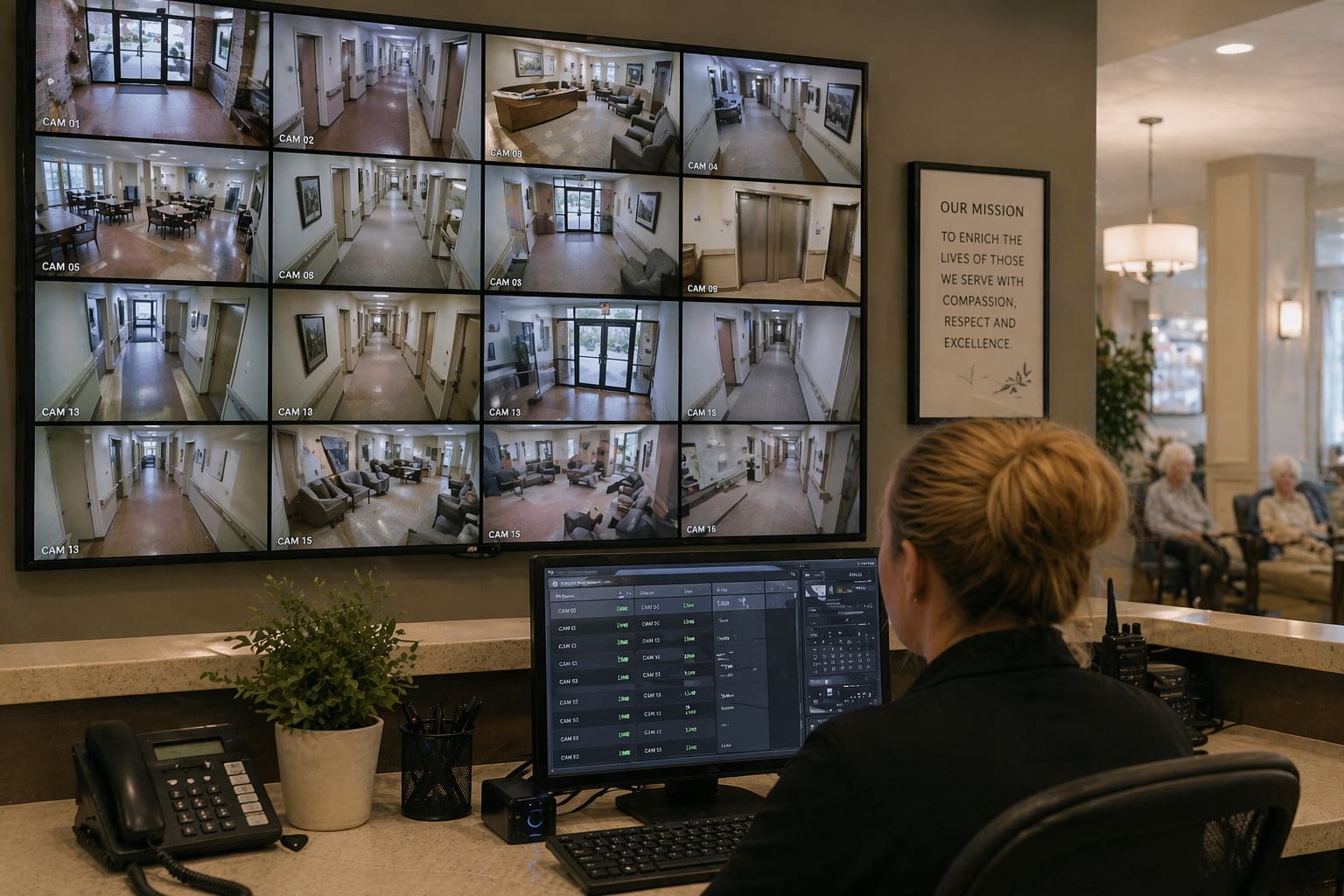 Security camera system monitoring assisted living facility hallways and entrances