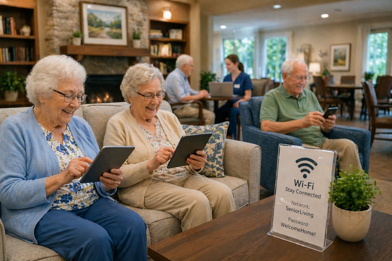 Senior residents using tablets and smartphones on WiFi in common area