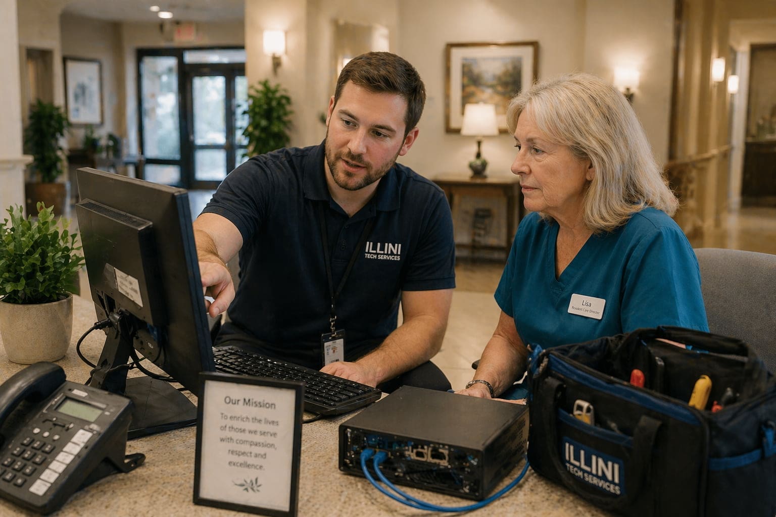 IT technician providing onsite support at senior living facility