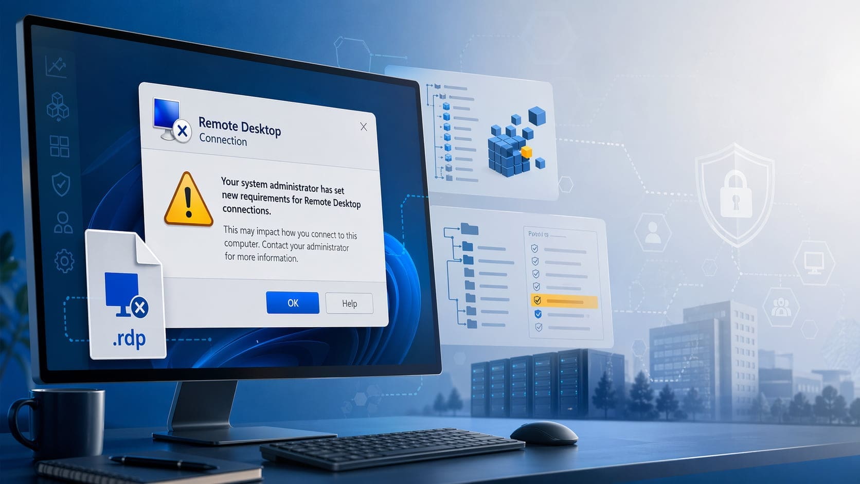 Illustration of a Windows Remote Desktop warning prompt on an enterprise workstation with security and Group Policy elements in the background.