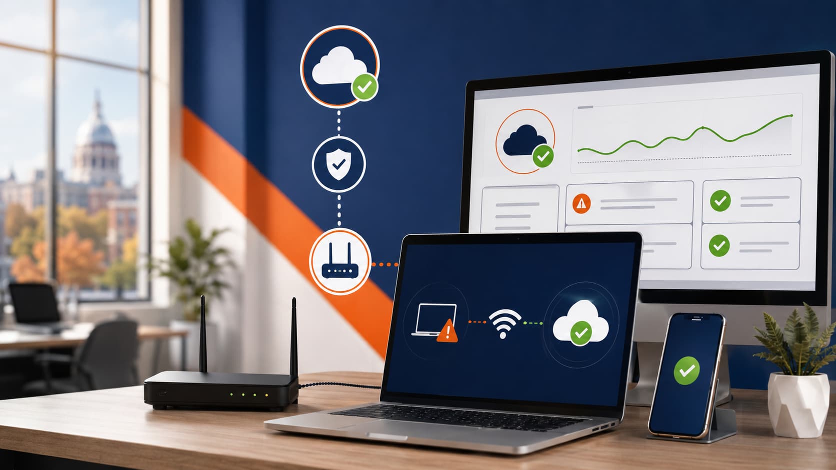 Office technology setup showing Microsoft 365 cloud service health, network monitoring, and security status indicators on business devices.