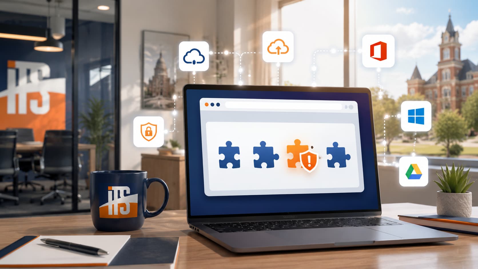 Laptop showing browser extension icons with one flagged for security risk in a modern small-business office.