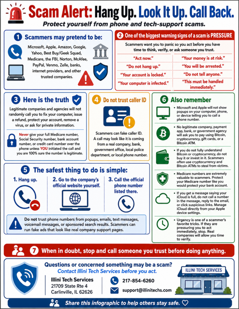Scam alert infographic explaining that scammers may impersonate trusted companies, fake caller ID, use urgency, and request money or private information.