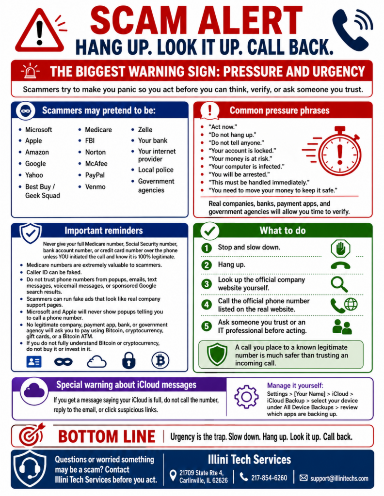 Illini Tech Services scam alert poster listing common scam impersonators, pressure phrases, important reminders, and steps to take when a call feels urgent or suspicious.