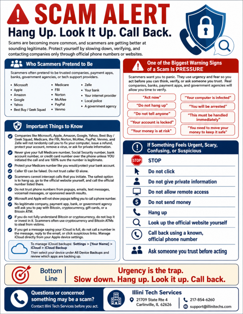 Scam alert infographic from Illini Tech Services warning people to hang up, look up official contact information, and call back to avoid phone and tech support scams.
