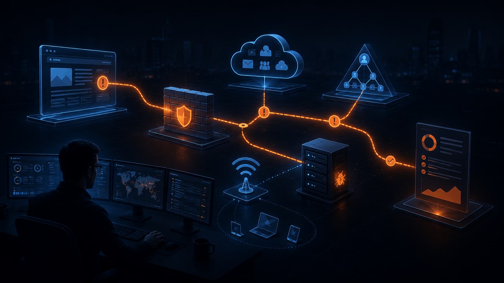 Penetration testing illustration showing a cybersecurity analyst reviewing web applications, firewalls, cloud services, identity systems, wireless devices, servers, and security reports.