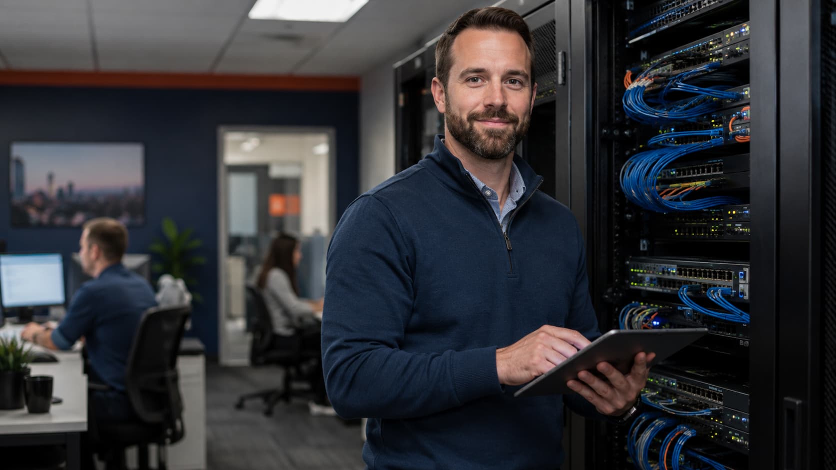 IT professional using a tablet while managing network switches and server equipment in a business office.