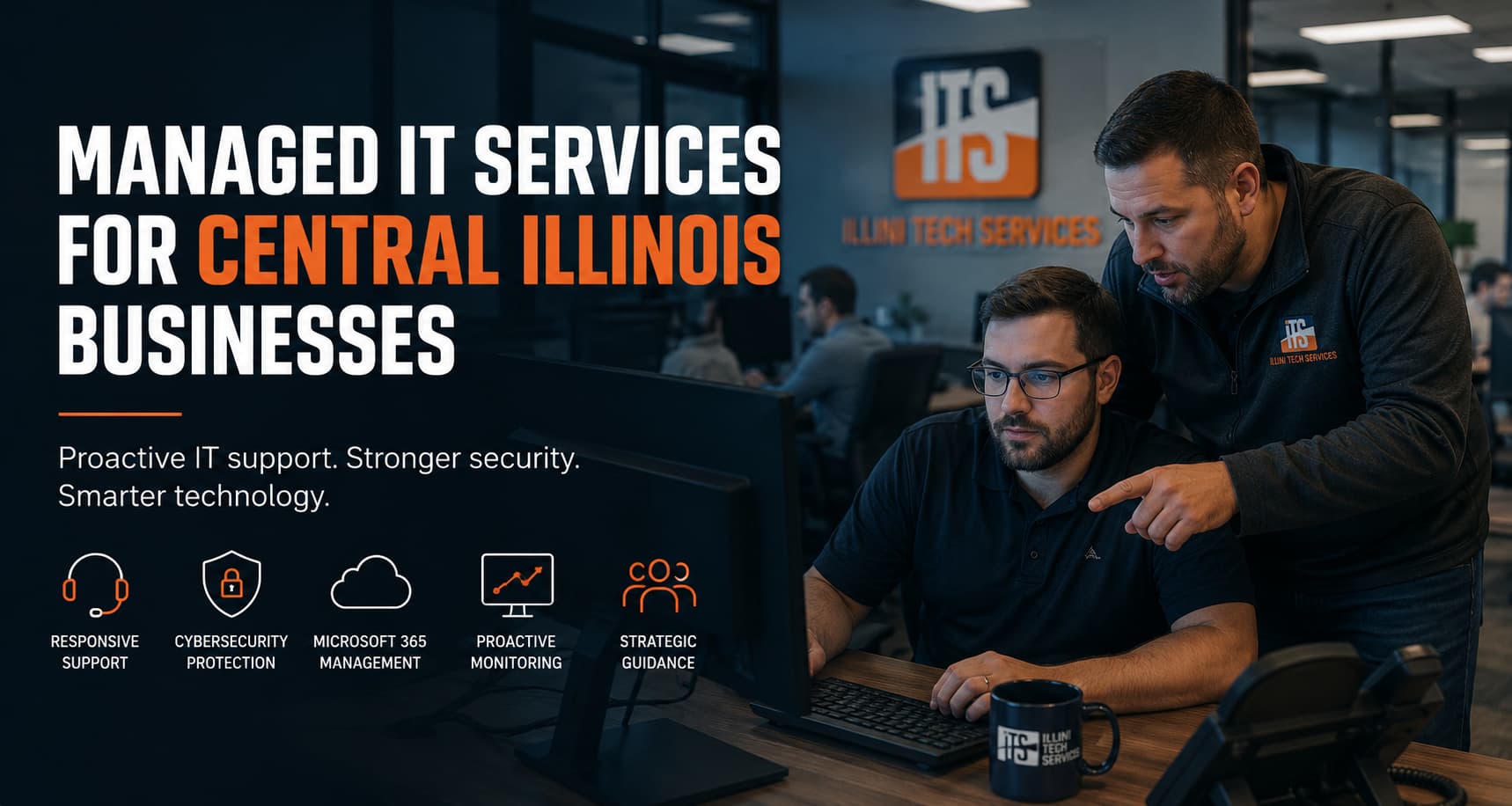Illini Tech Services IT professionals providing managed IT support at a workstation in a Central Illinois business office.