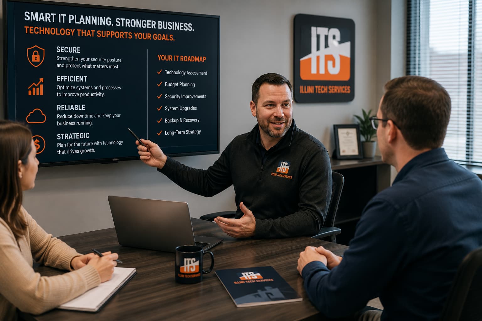 Illini Tech Services consultant presenting a strategic IT roadmap to clients during a business technology planning meeting.