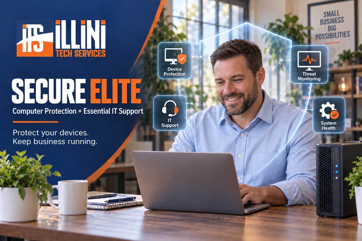 Business professional using a laptop beside a server, with icons for device protection, threat monitoring, IT support, and system health.
