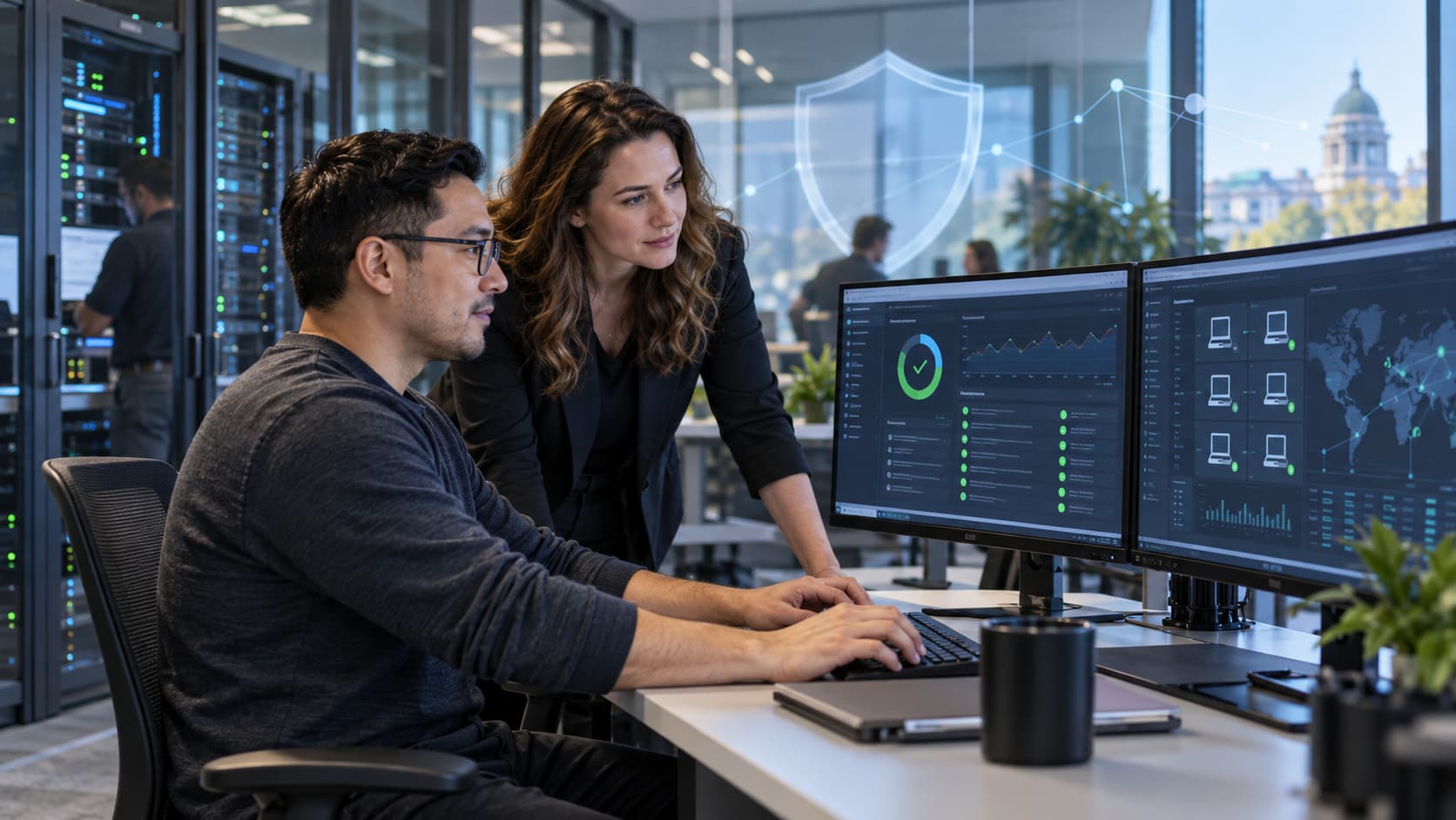 Two IT professionals monitor cybersecurity dashboards beside server equipment in a modern office.