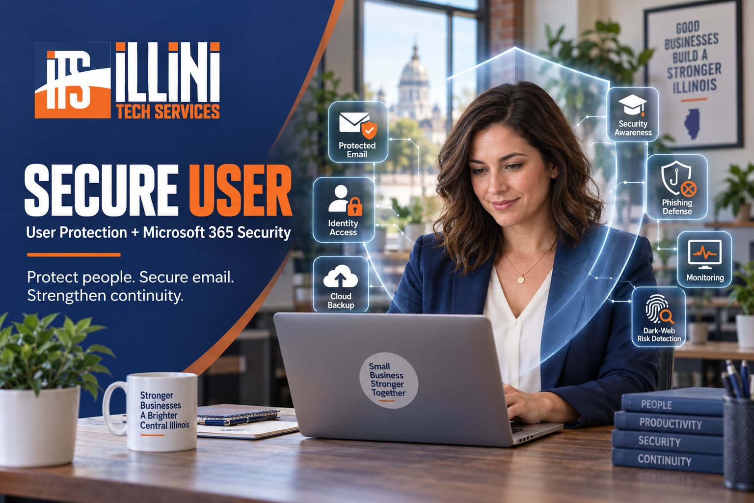Business professional using a laptop within a digital security shield representing protected email, identity security, cloud backup, phishing defense, and Microsoft 365 monitoring.